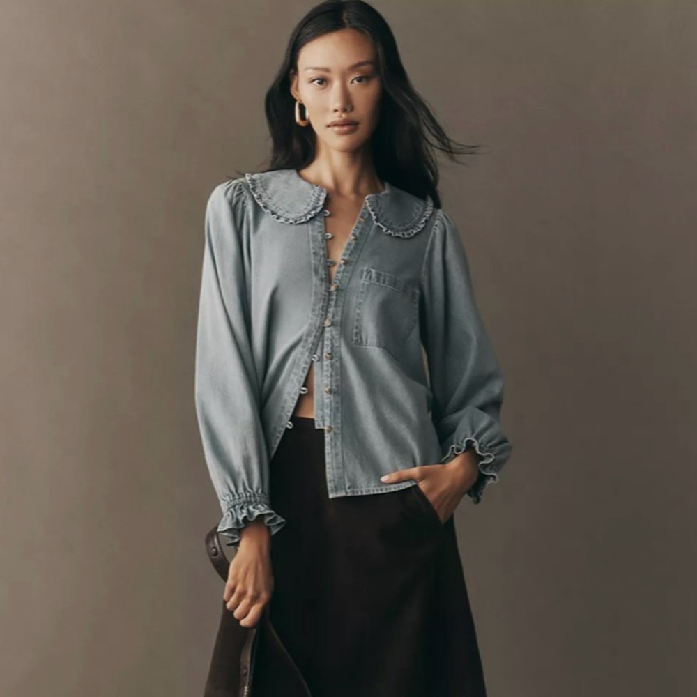 The Keira Light-Denim Long-Sleeve Blouse by Pilcro